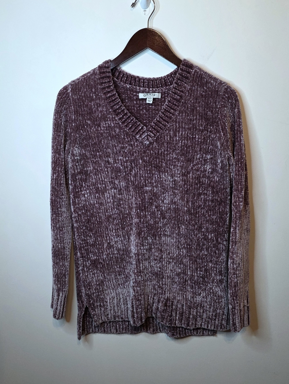 Orvis Chenille V-Neck Plush Soft Knit Sweater Mauve Plum Purple Size Small